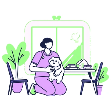 A friendly nurse is kneeling on the floor in a hospital waiting area, gently petting a small puppy. The nurse is wearing scrubs and has a name badge visible on her chest. The puppy, with fluffy fur and large, expressive eyes, is lying comfortably in her lap. Surrounding them are chairs and a coffee table with magazines. A large window allows soft light to fill the space, and a few plants are placed around the waiting area, adding a touch of nature.