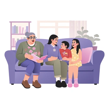 A digital flat illustration depicting a family of four sitting together on a large, comfortable couch. The grandmother is on the left, with gray hair pulled back in a bun, wearing a floral blouse and glasses. Next to her is the mother, who has medium skin and long black hair, wearing a purple sweater and blue jeans. The son, sitting in the middle, has light skin and short brown hair, dressed in a red t-shirt with a cartoon design and khaki shorts. On the right is the daughter, with curly dark hair and wearing a bright yellow dress with white polka dots. They are animatedly sharing stories, with the grandmother gesturing with her hands and the children laughing. A cozy living room is in the background, featuring a bookshelf filled with books and a potted plant near the window.