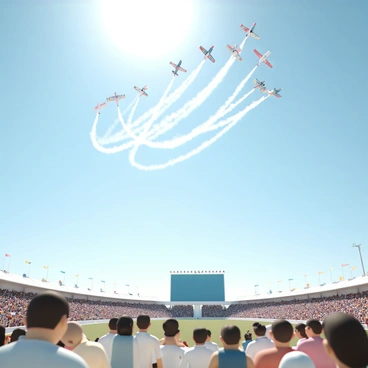 A row of acrobatic planes soaring through the sky, performing impressive loops and intricate tricks. The planes are painted in bright colors with distinctive designs, leaving trails of smoke behind them. Below, an airfield arena is bustling with spectators, some standing and others seated, all looking up in awe. Flags are waving, and a large screen displays the performance highlights. The sun is shining brightly overhead, casting shadows on the ground and illuminating the scene with vibrant colors.