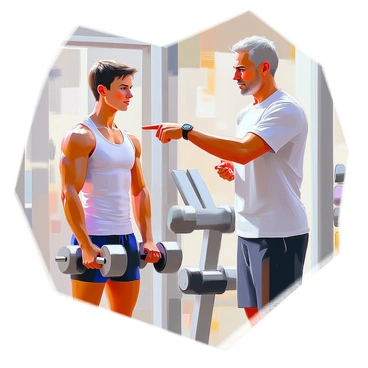 A young athlete with short, dark hair is standing in a gym while practicing hammer curls. The athlete is wearing a fitted tank top and athletic shorts, showcasing their toned physique. They are holding a pair of dumbbells at their sides, with their arms bent at the elbows as they lift the weights. A trainer, an older individual with medium skin tone and a confident stance, stands beside them, providing guidance and encouragement. The gym is equipped with various exercise machines and weights in the background, creating an active atmosphere. The trainer is demonstrating the correct form, pointing towards the athlete's arms.