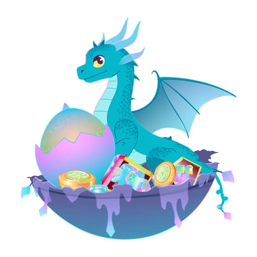 A small baby dragon with shimmering emerald scales and bright yellow eyes is emerging from a cracked, iridescent eggshell. The dragon's wings are partially unfurled, and it has tiny, pointed horns on its head. Surrounding the nest are various treasures, including glittering gold coins, sparkling gemstones, and intricate jewelry. The nest itself is made of soft, woven materials, providing a cozy environment for the dragon. The light reflects off the treasures, creating a vibrant display of colors in the scene.