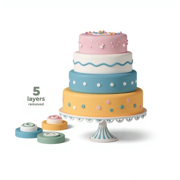 A large, cartoon-style cake featuring nine colorful layers, stacked high. Five of the layers have been removed, creating a vibrant display of the remaining four layers on a decorative cake stand. Each layer is visually distinct, showcasing different patterns and colors, such as pink with sprinkles, blue with stripes, yellow with polka dots, and green with swirls. The removed layers are positioned beside the cake, labeled clearly as "5 layers removed." The whole scene is cheerful and bright, inviting attention.