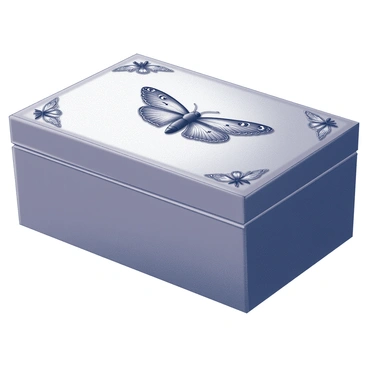 A Victorian glove box with intricate details. The box features a rectangular shape, elegantly designed with a smooth surface. The lid is adorned with finely carved moths, showcasing delicate wings and intricate patterns. The carvings are prominently displayed, giving a sense of depth and texture to the lid. The sides of the box are straight and polished, enhancing its refined appearance. The overall structure exudes a sense of craftsmanship typical of the Victorian era.