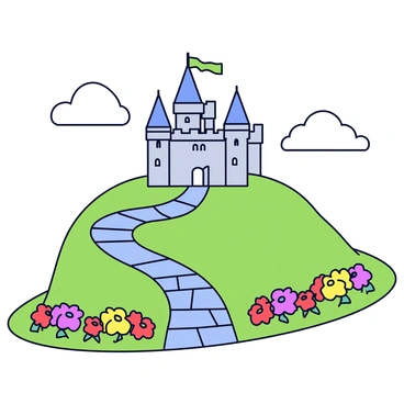 A majestic castle with tall, pointed turrets sits atop a green hill. The castle has a stone facade, with flags waving gently at the peaks of the towers. Surrounding the base of the hill are vibrant, colorful flowers, including red, yellow, and purple blooms. A winding path made of cobblestones leads up to the castle entrance, curving gracefully through the flower garden. The sky is clear with a few fluffy clouds scattered throughout.
