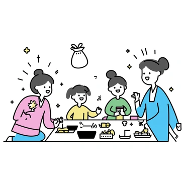 A family of four joyfully celebrating "Seollal", the Korean New Year. The father is wearing a blue "hanbok" with a white shirt underneath, and the mother is dressed in a bright pink "hanbok" adorned with floral patterns. The children, a boy and a girl, are wearing matching traditional clothing, with the boy in a green "hanbok" and the girl in a yellow "hanbok" with red accents. They are gathered around a low table set with traditional food, including "tteokguk" (rice cake soup) and various side dishes. The family is smiling and exchanging gifts, surrounded by festive decorations, including a large "bokbunjaj" (lucky bag) filled with goodies.
