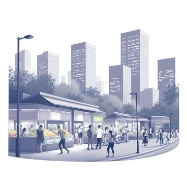 A digital montage featuring various urban life scenes. The image includes a bustling street market with people engaging in lively interactions, vendors displaying colorful fruits and vegetables, and shoppers browsing the stalls. Nearby, a busy sidewalk filled with diverse pedestrians, including people on bicycles and others waiting at a bus stop. Skyscrapers loom in the background, their windows reflecting the surrounding activity. Streetlights illuminate the scene, casting soft light on the evening atmosphere. A park area is visible, with individuals jogging and children playing, creating a dynamic mix of urban activities.