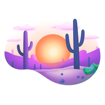 A tranquil desert landscape featuring several tall cacti silhouetted against a vibrant sunset. The sky is filled with rich shades of orange, pink, and purple, creating a striking contrast with the dark silhouettes of the cacti. The ground is sandy with scattered small rocks, and a few distant hills can be seen on the horizon, adding depth to the scene.