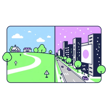 A split screen illustration is displayed, showing a contrasting transformation between a rural area and an urban district. On the left side, the rural area features a vast expanse of green fields with a few trees scattered throughout, along with a small wooden farmhouse and a barn in the background. A winding dirt road leads through the fields, and a clear blue sky is above. On the right side, the urban district showcases towering buildings made of glass and steel, with busy streets filled with cars and pedestrians. A large billboard is visible on one of the buildings. The sky above the urban area presents a gradient, signifying the transition from day to night with twinkling lights beginning to appear in the windows of the buildings.