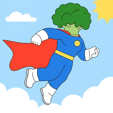 A superhero character with a large, vibrant green broccoli head. The character has a muscular build, dressed in a bright blue jumpsuit with yellow accents. Flowing from their shoulders is a long, red cape that billows in the wind as they soar through the sky. The superhero has oversized white gloves and boots that complement the costume. Below, fluffy white clouds float in a clear blue sky, while the sun shines brightly, casting a cheerful glow on the scene.