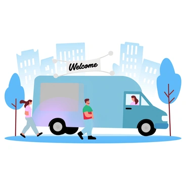 A mobile blood testing van parked on a city street. The van is painted in bright colors, making it visually striking. There is a "Welcome" banner hung above the entrance of the van, inviting passersby to come inside. Surrounding the van are various city buildings with large windows and a few trees lining the sidewalk. A couple of people are walking by, glancing at the van with interest.