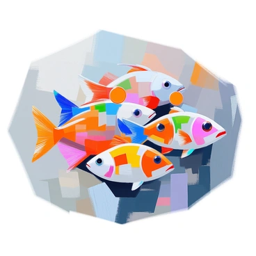 A folk art piece featuring a collection of fish swimming together. The fish are illustrated in vibrant colors, including shades of blue, red, yellow, and green. Each fish is designed with simple geometric shapes, such as circles and triangles, to create a stylized appearance. The background is a contrasting color that enhances the vividness of the fish, allowing them to stand out prominently. The composition is balanced and harmoniously arranged, showcasing the playful nature of the design.