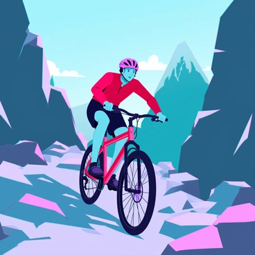 A BMX biker with a helmet and protective gear is pedaling up a rugged mountain path. The biker has short hair peeking from under the helmet and wears a bright red jersey and black shorts. The path is rocky and uneven, surrounded by steep, jagged cliffs on either side. In the background, there are towering green mountains and a clear blue sky with a few wispy clouds. Sunlight casts dramatic shadows on the ground as the biker focuses intently on navigating the challenging terrain.