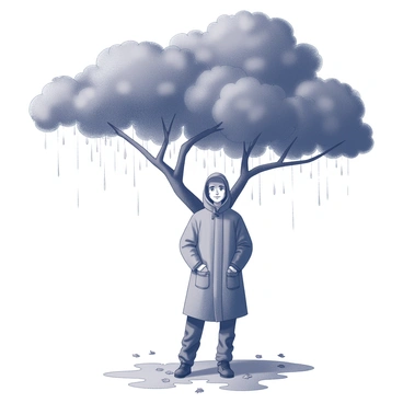 A person stands confidently beneath a large tree, the thick branches providing ample shelter from the rain. The individual is dressed in a sturdy raincoat, with water droplets splattering off the fabric. The expression on their face conveys determination and calmness despite the stormy weather surrounding them. The ground is covered with fallen leaves, and puddles have formed at the base of the tree. Dark clouds loom overhead, creating a striking contrast against the scene.