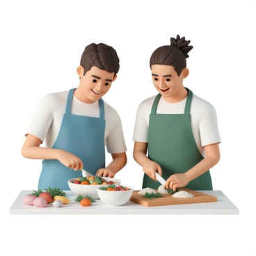 Two friends, one of Asian descent wearing a blue apron, and the other of Mediterranean descent wearing a green apron, are standing in a modern kitchen. They are preparing a fusion dish by combining elements from their respective cuisines. The Asian friend is stirring a bowl of colorful vegetables, while the Mediterranean friend is chopping herbs on a wooden cutting board. A variety of ingredients are spread across the countertop, including rice, spices, and fresh vegetables. Both friends are smiling and focused on their task, showcasing a harmonious blending of their cultural backgrounds through food.