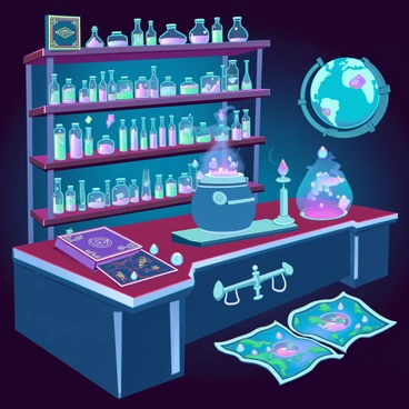 A dimly lit alchemist's laboratory filled with shelves overflowing with colorful potions in glass vials, each emitting a faint glow. Scattered across a wooden table are various arcane artifacts, including an ancient grimoire with ornate gilded pages, a set of metallic scales, and a collection of unusual crystals reflecting light. There is a large cauldron simmering over an open flame, with colorful smoke curling upwards. In the corner, an ornate globe displays fantastical lands and a mystical map lies spread out, revealing hidden secrets. Each item contributes to an atmosphere rich in mystery and the potential for magical discoveries.