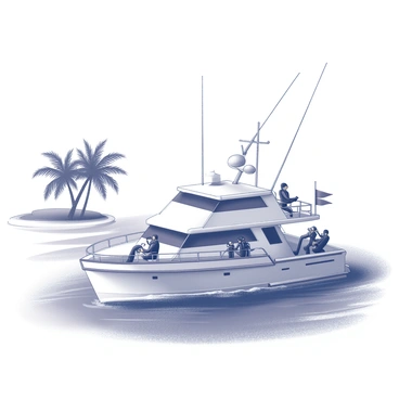 A dive boat is anchored near a tropical island. The boat features several diving flags prominently displayed. On the deck, multiple divers are seen preparing for their underwater adventure. Some divers are putting on their wetsuits, while others are adjusting their fins and masks. The tropical island in the background has lush green palm trees swaying gently. The ocean water is calm and inviting, with gentle waves lapping against the hull of the boat. Sunlight glimmers on the surface of the water, creating a sparkling effect.