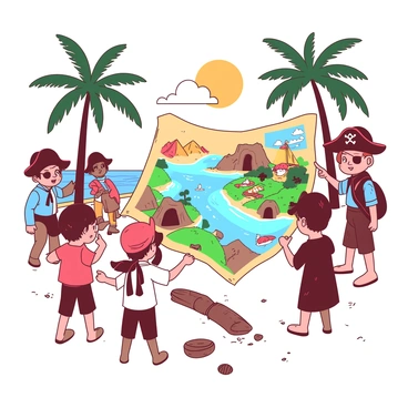 A group of children dressed as pirates stand excitedly on a sandy beach, ready for adventure. One child is holding a large, unfolded treasure map that reveals colorful illustrations of a magical world filled with whimsical creatures and hidden treasures. The map is vibrant, showing details like a sparkling blue ocean, lush green islands, and mysterious cave entrances. In the background, palm trees sway gently, and the sun casts a warm orange glow over the scene. Other children are gathered around, pointing at the map and discussing their next move with eager expressions. Sea shells and rocks scatter across the sand, enhancing the treasure hunting atmosphere.