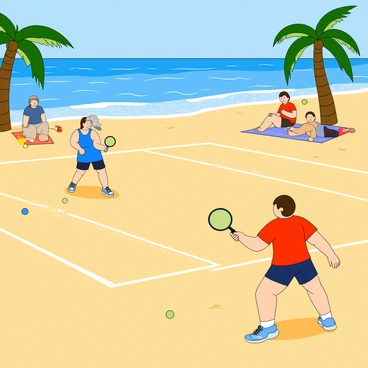 A sunny beach scene featuring several people playing pickleball on a sandy court. In the foreground, two players, one wearing a bright blue tank top and the other in a red t-shirt, are poised with paddles ready to serve. The sandy court is marked with white lines, and there are colorful balls scattered around. In the background, the ocean's waves gently crash against the shore, reflecting the sunlight. A few palm trees sway slightly in the breeze on the side. Spectators are watching from a distance, some sitting on beach towels spread out on the sand.