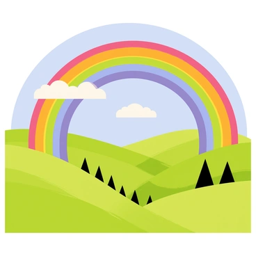 A vibrant rainbow with seven distinct colors arches across a clear blue sky. The rainbow is positioned above a lush green valley filled with rolling hills and clusters of trees. The valley is glistening from the recent rainfall, with droplets of water still shimmering on the leaves and grass. A few fluffy white clouds are scattered in the sky, adding to the serene atmosphere of the scene.