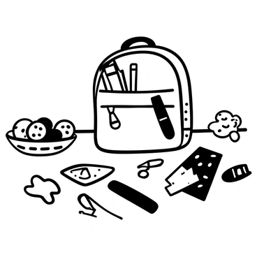 A school bag sits on a table at an after-school club meeting, with its zipper partially open, revealing some colorful stationery inside. Next to the bag, a small plate holds various snacks, including cookies and fruit slices. Scattered around the table are different craft supplies, such as markers, colored paper, and scissors, arranged in a slightly disorganized manner. A few finished craft projects are displayed, showcasing creativity and effort. The atmosphere conveys a lively and engaging environment for the students.