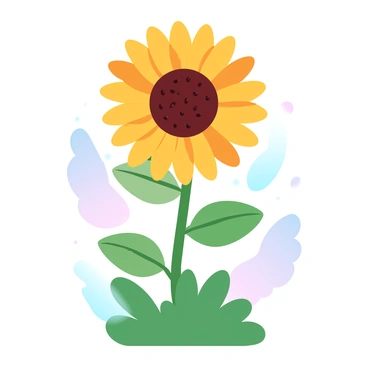 A tall sunflower stands upright, with a thick green stem supporting it. The sunflower's large, round head is adorned with vibrant golden petals that radiate outward. The petals are arranged in a circular pattern around a central dark brown disc filled with seeds. Surrounding the sunflower is lush green foliage, creating a striking contrast with the bright yellow. The background features a gradient of soft pastel colors, adding to the overall visual appeal of the scene.