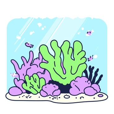 A vibrant coral reef is visible under the water, displaying intricate coral formations that resemble veins. Various shapes of coral extend outward, creating an organic network throughout the scene. A school of small fish swims among the corals, their bodies gliding gracefully through the water. The sunlight filters from above, illuminating the reef and casting soft patterns on the seabed. In the background, the ocean floor is scattered with small pebbles and sand, enhancing the underwater landscape.