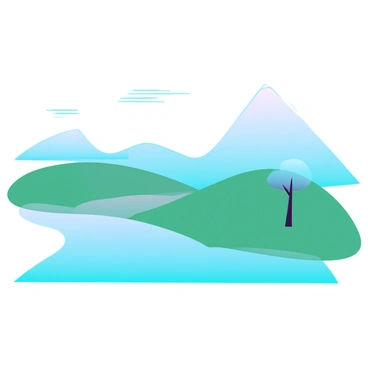 A minimalist landscape featuring smooth rolling hills in soft green and a bright blue sky. There are a few clean, straight lines representing distant mountains in the background. A single tree, with a simple round canopy and a thin trunk, stands off to one side. Below the tree, a gentle curve indicates a tranquil stream, rendered in a light shade of blue. The overall composition reflects simplicity and calmness, with an emphasis on open space.