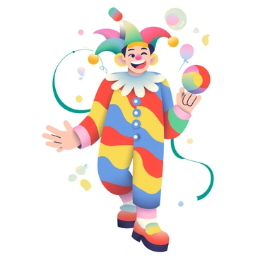 A circus jester is the central figure on the card, wearing a brightly colored outfit with alternating patterns of red, blue, and yellow. The jester has a playful expression, with a wide grin and sparkling eyes. He is adorned with a traditional jester hat that has multiple pointed ends, each tipped with colorful bells that jingle. In one hand, he is holding a playful and whimsical prop, such as a multicolored juggling ball. The background features a festive atmosphere, with balloons and streamers in various bright colors, enhancing the cheerful theme of the card.