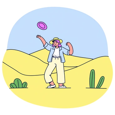A lone traveler is standing in a vast desert with rolling sand dunes. The traveler is wearing a light-colored, breathable outfit and a wide-brimmed hat. In their hand, they are tossing a brightly colored frisbee into the air. Surrounding the traveler are scattered green cactus plants, adding contrast to the golden sand. The sky above is a clear blue, with no clouds in sight. The scene captures the simplicity of the desert landscape.
