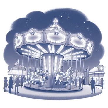 A vintage carousel with ornate horses is the central focus of the scene. The carousel is adorned with intricate carvings and details, showcasing its classic style. The structure is illuminated by numerous glowing lights, highlighting its decorative elements and creating a vibrant atmosphere. Surrounding the carousel are festival stalls and a crowd of people enjoying the fair. The night sky is filled with stars, providing a backdrop to this lively scene. The ground is covered with soft grass, and there are various fair decorations, such as colorful banners and balloons, adding to the festive ambiance.