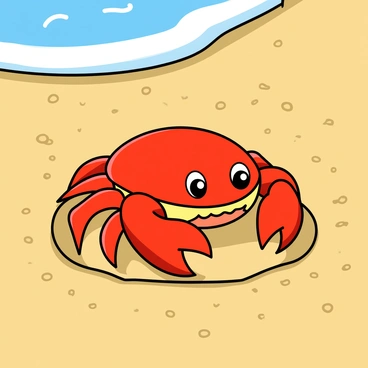 A small crab with a shiny red shell is poking its claw out of a round hole in a sandy beach. The crab's eyes are bright and bulging, scanning the surroundings. Fine grains of golden sand are scattered around the hole, creating a textured surface. Sunlight casts soft shadows around the hole, highlighting the crab's features. The background features a blurred view of gentle ocean waves lapping at the shore.