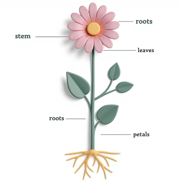 A diagram of a flower, showcasing the various parts with precise labels. The flower is prominently displayed in the center, featuring a large, vibrant bloom with colorful petals. Each petal is detailed and distinct. Below the flower, a sturdy green stem extends downward, connecting to a network of roots that spread out into the soil. The roots are visible, showing the intricate structure that supports the flower. Surrounding the flower, several green leaves are depicted, each leaf having a different shape and size, clearly labeled for easy identification. Each part of the flower, including "stem," "roots," "leaves," and "petals," is clearly marked with neat, legible labels.