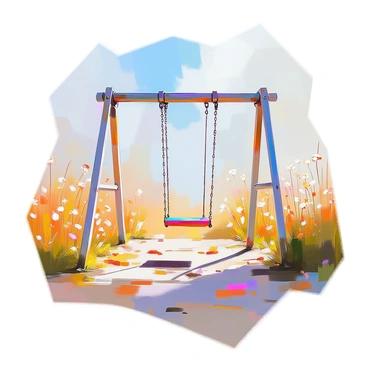 An empty playground overgrown with tall grass and wildflowers, showcasing rusty metal structures and faded paint. In the center of the playground, there is a single swing gently swaying back and forth, moved by a light breeze. Surrounding the swing, the ground is scattered with fallen leaves and small stones, adding to the sense of neglect. The sky above is a soft blue with a few wispy clouds, casting a gentle light over the scene.