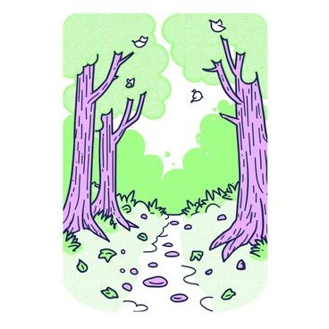 A detailed pencil sketch of a forest scene is displayed on an A3 illustration board. The forest features tall trees with textured bark, their leaves intricately rendered to showcase depth. In the foreground, there are fallen leaves scattered on the ground, along with small rocks and twigs. A narrow, winding path leads deeper into the woods, bordered by undergrowth. Sunlight filters through the branches, creating dappled shadows on the forest floor. In the distance, the tops of the trees form a lush canopy, with various birds perched on the branches.