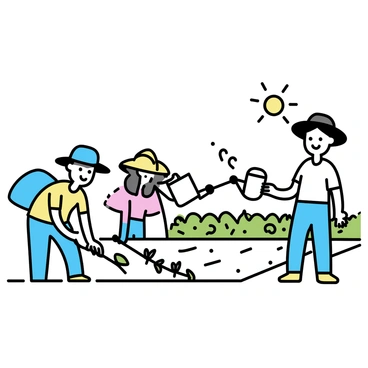 A group of three laborers, wearing wide-brimmed hats and light clothing, is working in a sunlit field. The first laborer is bending down, planting seeds in neat rows, while the second laborer is using a hoe to cultivate the soil. The third laborer, standing upright, is watering the plants with a large watering can. Green crops are visible in the background, and a clear blue sky stretches overhead, with the sun shining brightly. Each laborer displays a smile, reflecting their sense of purpose and fulfillment in their work.