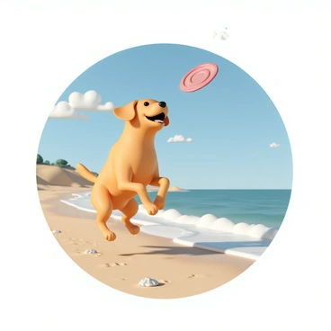 A big golden retriever dog, with a shiny coat glinting in the sunlight, is leaping joyfully to catch a bright red frisbee in mid-air. Its ears are flapping as it jumps, and its mouth is open in excitement. The sandy beach is dotted with small shells and footprints, while gentle waves crash against the shore in the background. The sky is clear blue with a few fluffy white clouds, completing the vibrant beach scene.