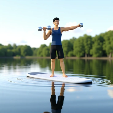 A person with an athletic build is balancing on a paddleboard in calm lake waters. The person has short, dark hair and is wearing a fitted blue tank top and black athletic shorts. They are holding a pair of silver dumbbells in each hand, with their arms extended to the sides for balance. The paddleboard is white with a textured surface, and there are gentle ripples in the water surrounding it. In the background, there are lush green trees lining the shore, reflecting softly on the surface of the lake. The sky is clear with a few fluffy white clouds.