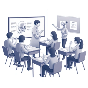 A classroom filled with students engaged in a lesson about the anatomy of the nose. Several students are seated at desks, attentively looking towards a large anatomical model of the nose placed at the front of the class. The model features detailed structures such as the nostrils, nasal cavity, and sinuses. A teacher, standing beside the model, is pointing to different parts while explaining their functions. The walls of the classroom are adorned with educational posters related to human anatomy. Desks are arranged in a semi-circle to provide a clear view of the model. Some students are taking notes, while others are raising their hands to ask questions.