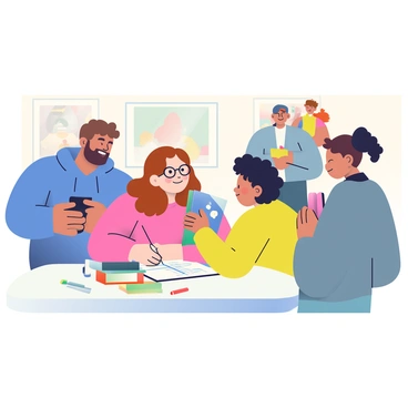 A group of five visitors is gathered around a table at a museum signing event. The famous illustrator, a woman with long, wavy brown hair and glasses, is seated at the table, smiling as she signs a book for a young girl. The girl, with curly black hair and wearing a bright yellow shirt, looks excited as she holds out the book. To the left, a man with a beard and wearing a blue hoodie takes a photo of the interaction. On the table, there is a stack of books, some with colorful covers, and a few markers scattered around. In the background, a couple is standing, chatting and watching the scene unfold, with framed illustrations hanging on the walls of the museum.
