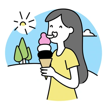 A girl with long, flowing brown hair is standing outdoors on a sunny day. She is wearing a bright yellow dress with short sleeves. In her hand, she holds a large ice cream cone topped with three colorful scoops: pink strawberry, white vanilla, and dark chocolate. The sun is shining brightly, casting soft shadows around her. She has a joyful expression as she takes a big lick of the ice cream. In the background, there are a few green trees and a clear blue sky.