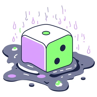 A single die is resting on a surface of wet pavement. The die is displayed with its visible face showing the number three, with round dots clearly defined. The pavement has dark reflections from the rain, which is lightly falling, creating a slick appearance. Water droplets are visible on the surface of the die, enhancing its glossy texture. Surrounding the die, small puddles of water collect in the grooves of the pavement, mirroring the overcast sky above.