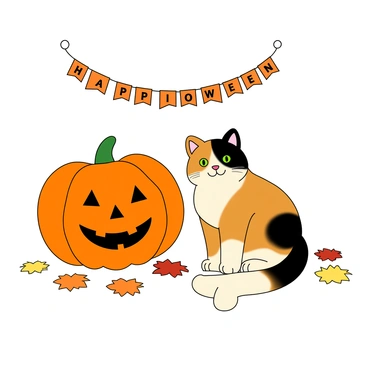 A fluffy calico cat with patches of orange, black, and white fur is sitting next to a large carved pumpkin. The pumpkin has a friendly smile and triangular eyes, exuding a festive look for Halloween. The cat's bright green eyes are focused on the pumpkin, with its tail curled around its paws. The surrounding ground is covered in scattered autumn leaves in shades of orange, yellow, and red, enhancing the seasonal atmosphere. A small, colorful banner reading "Happy Halloween" is draped above the scene.