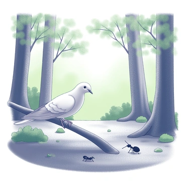 A white dove with delicate feathers is perched on a low branch, looking curiously at a small black ant crawling on the ground below. The dove has soft, rounded features and its wings are slightly spread as if it is preparing to take flight. The ant, with its segmented body and antennae prominent, appears to be exploring its surroundings in the forest clearing. Tall green trees surround the area, their leaves forming a dense canopy above, allowing dappled light to filter through onto the forest floor. The ground is covered in rich, dark soil, scattered with small stones and patches of moss.