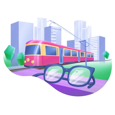 A scene showing a tram passing by in a vibrant urban setting, as viewed through the "scratched lenses of old reading glasses." The tram is bright red with yellow accents, moving along the tracks amidst a backdrop of modern buildings. In the foreground, a pair of old reading glasses lies on a wooden table, their lenses displaying scratches. The scratched lenses distort the view of the tram and cityscape, adding a unique texture to the image. Sunlight casts gentle shadows, enhancing the focus on the glasses and the blurred motion of the tram in the distance.