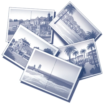 A spread of vintage postcards laid out on a wooden surface. Each postcard features intricate illustrations depicting various faraway places. One postcard showcases a quaint European village with cobblestone streets and charming cottages. Another card illustrates an exotic beach scene with palm trees and clear waves crashing on the shore. A third postcard features a bustling market scene filled with people and colorful stalls. Each postcard has worn edges, enhancing their nostalgic appeal, and they are all adorned with decorative borders that complement the illustrations.