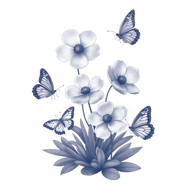 A cluster of anemone flowers in full bloom, displaying intricate petal shapes and textures. The flowers are surrounded by lush green foliage, enhancing their presence. Several butterflies are gracefully fluttering around the flowers, with their wings spread wide, showcasing detailed patterns and structures. The scene captures the movement of the butterflies as they navigate among the flowers, creating a sense of dynamic interaction within the natural setting.