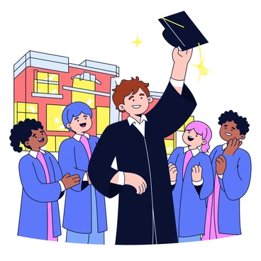 A graduate wearing a black gown and a square cap is throwing the cap into the air. The graduate has short brown hair and a smile on their face, but their eyes reflect a sense of nostalgia. Surrounding the graduate are three friends, also in gowns, laughing and cheering. In the background, a large brick school building is visible, with windows reflecting the sunlight. The scene captures a moment of celebration and reflection.
