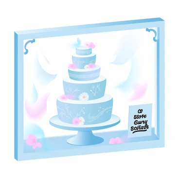 A multi-tiered cake with intricate designs and detailed patterns is displayed in a shop window. The cake features layers adorned with pastel-colored flowers, delicate lace-like icing, and tiny sugar figurines that depict a charming scene. Surrounding the cake are decorative cake stands and soft pastel-colored ribbons. The shop window is framed with elegant decor, allowing vibrant light to illuminate the cake, enhancing its colorful features. A small sign next to the cake reads, "A Story in Every Slice."