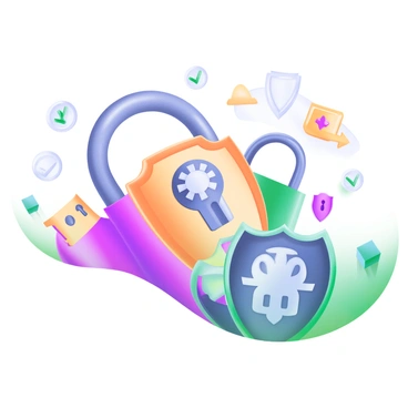 A modern pastel illustration featuring several data locks and shields that symbolize compliance protection. The locks are designed with intricate patterns, and they are positioned at varying angles to create depth. The shields are prominently displayed, each with unique designs and colors, showcasing their protective nature. Surrounding these elements are small icons such as checkmarks, warning signs, and arrows, all emphasizing security and compliance. The background is a soft, pale color that enhances the focus on the locks and shields.