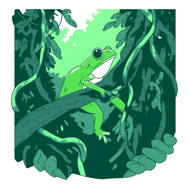 A green tree frog is perched on a thick, twisting vine in a dense jungle. The frog's skin glistens with moisture, showcasing its vibrant color. Surrounding the frog, numerous dark green vines are intertwined and draping from above, creating a complex network. Sunlight filters through the dense canopy, casting dappled shadows on the ground below. The background is filled with lush foliage, with hints of other jungle plants peeking through the dense vegetation. The atmosphere is alive with the sounds of the jungle.